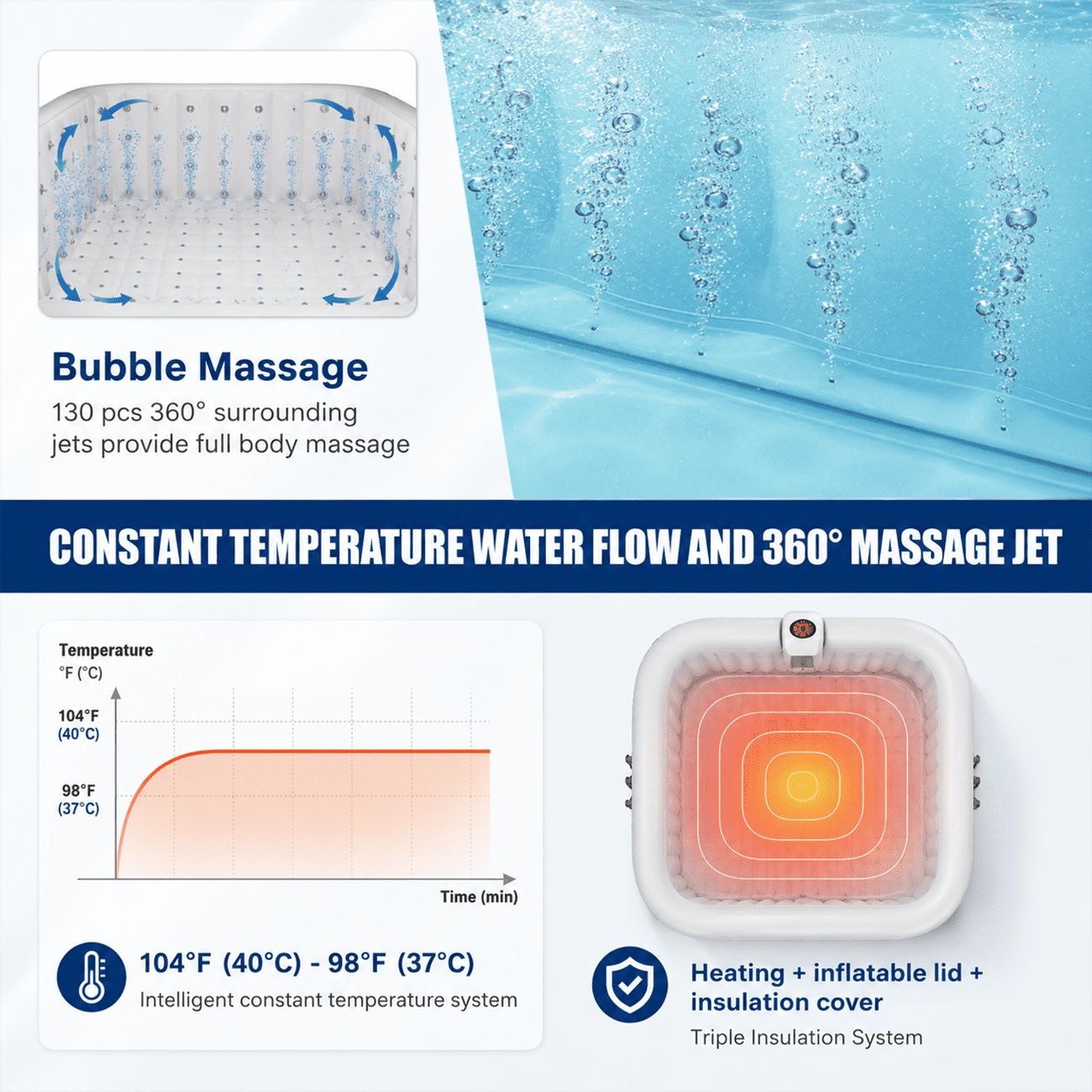 73''Inflatable Hot Tub, Outdoor Hot Tub for 6 Person Indoor Home Spa with Hidden Machine, 130 Massage Jets, Lockable Cover, Storage Bag, 4 Filters, 2 Cup Holders, Max 104℉, 910L Capacity