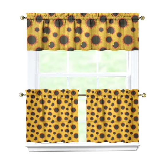 3 Piece Sunflower Kitchen Curtains Set - Boho Yellow Floral Tier & Valance, Vintage Farmhouse Window Treatment, Rod Pocket Rustic Caf Curtains