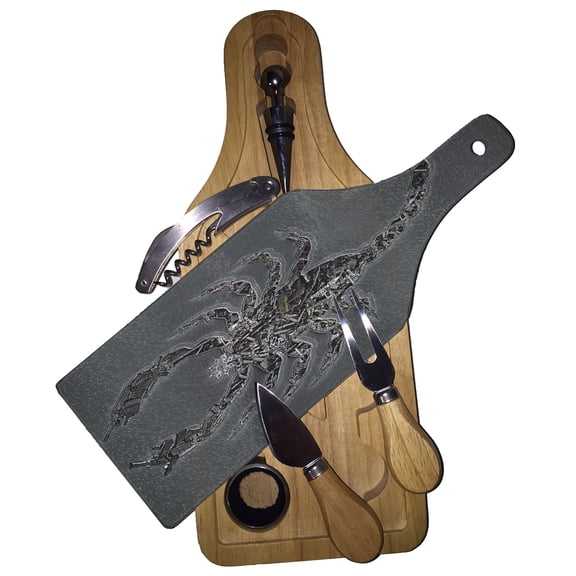 KuzmarK Wine & Cheese Glass Cutting Board Wood Box Gift Set - Scorpion Weapon Guns
