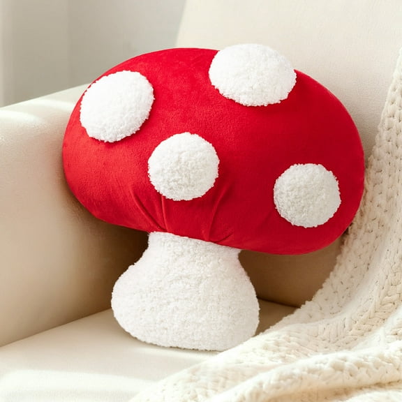 Sunlit Mushroom Pillow, Cute Polka Dot Plush Decorative Throw Pillow for Couch, Sofa, Bedroom, Nursery, Home Decor for Mushroom Lovers, Red