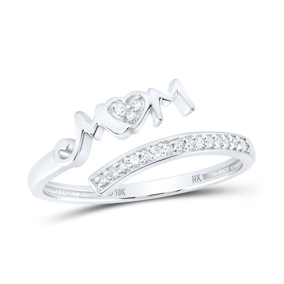 10K White Gold Genuine Round Diamond Women's Heart w/ MOM Bypass Ring 1/12 CT