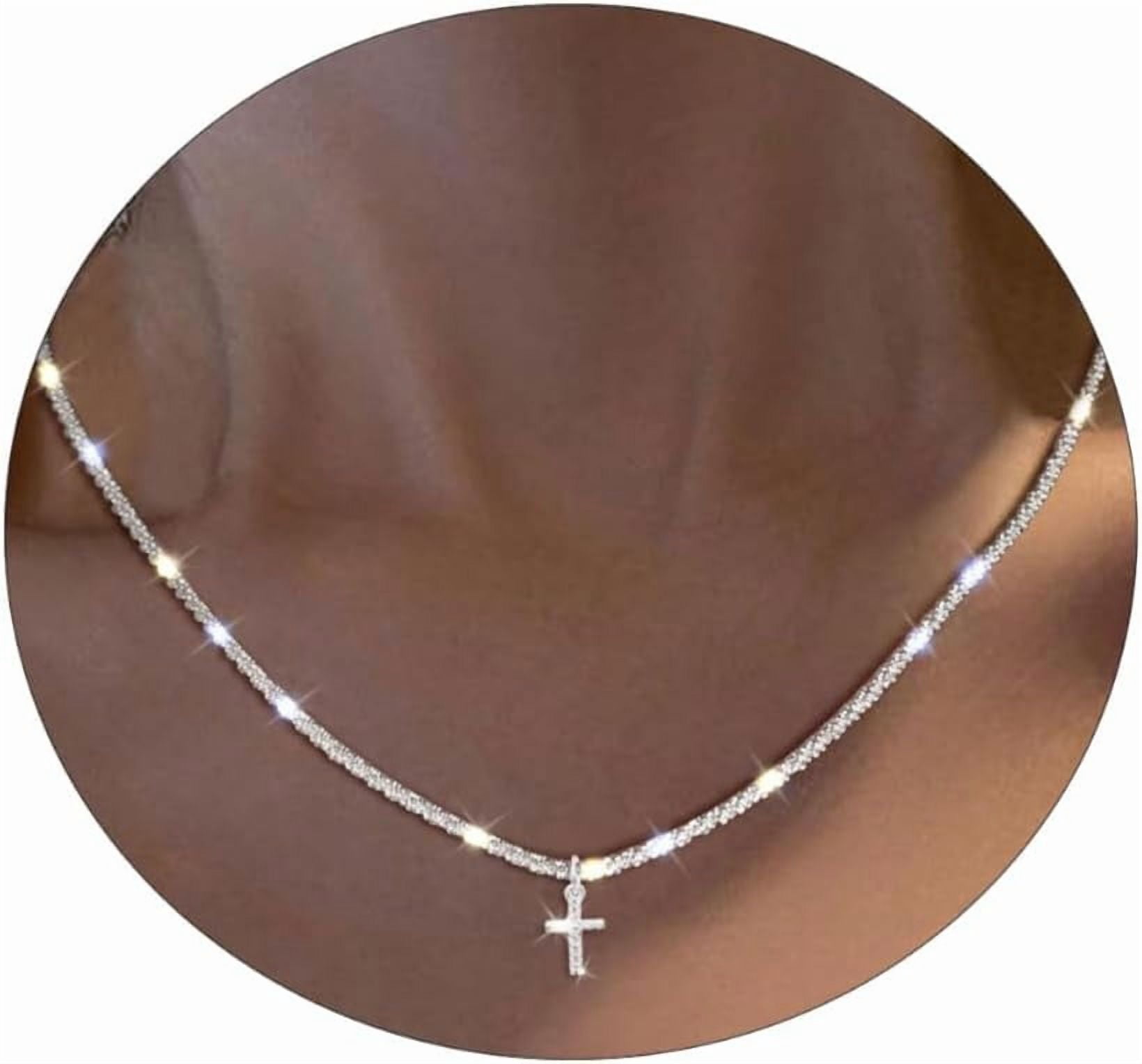 925 Sterling Silver Sparkly Cross Necklace for Women Dainty