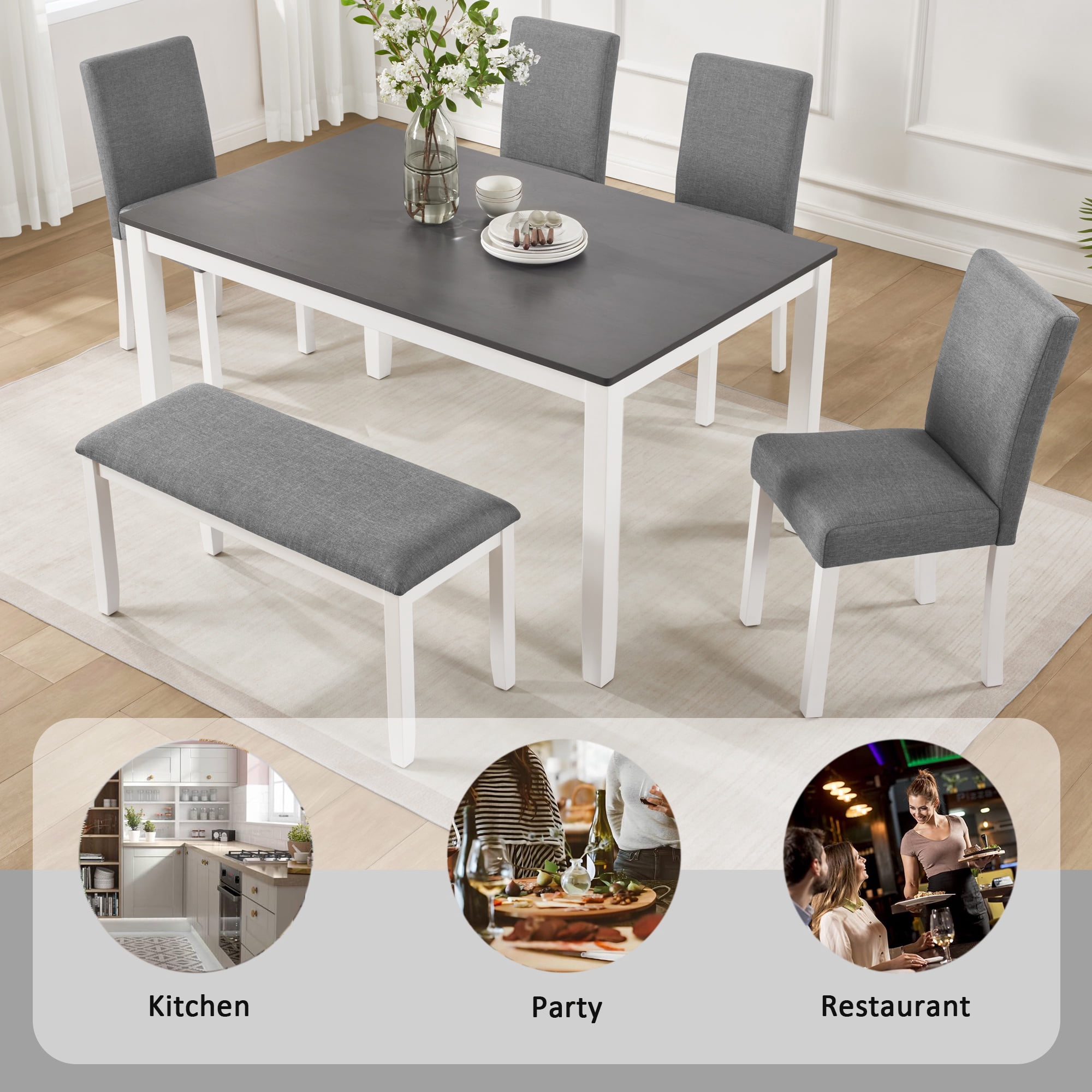 PORKISS Dining Table Set for 6, Farmhouse Dining Table Set with 4 Upholstered Chairs and Bench, Solid Wood Rectangular Dining Set of 6 People for Kitchen, Dining Room, Gray + White