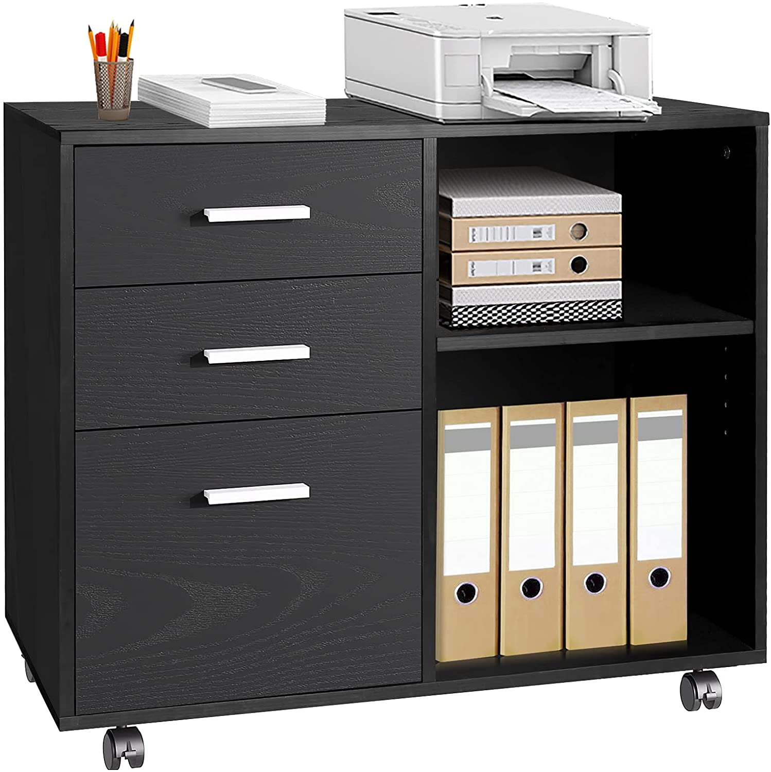 amzdeal Rolling File Cabinet Mobile Office Cabinet with 4 Detachable Wheels for A4 Letter Size Hanging File Folders,Black 