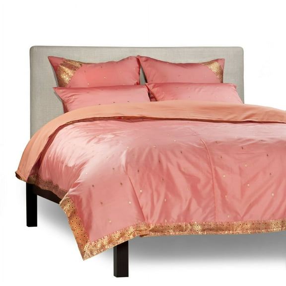 Pink-5 Piece Handmade Sari Duvet Cover Set with Pillow Covers / Euro Sham-King