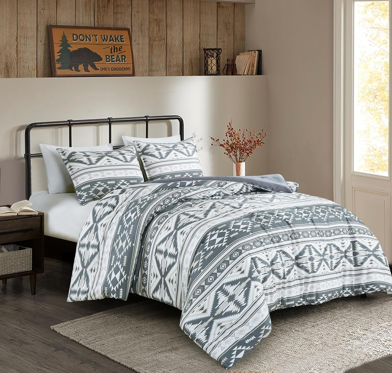 Chezmoi Collection Zella 3-Piece Southwestern Geometric Motif Comforter Set, Multicolor Gray White Light Brown Printed Washed Microfiber Bedding, Full
