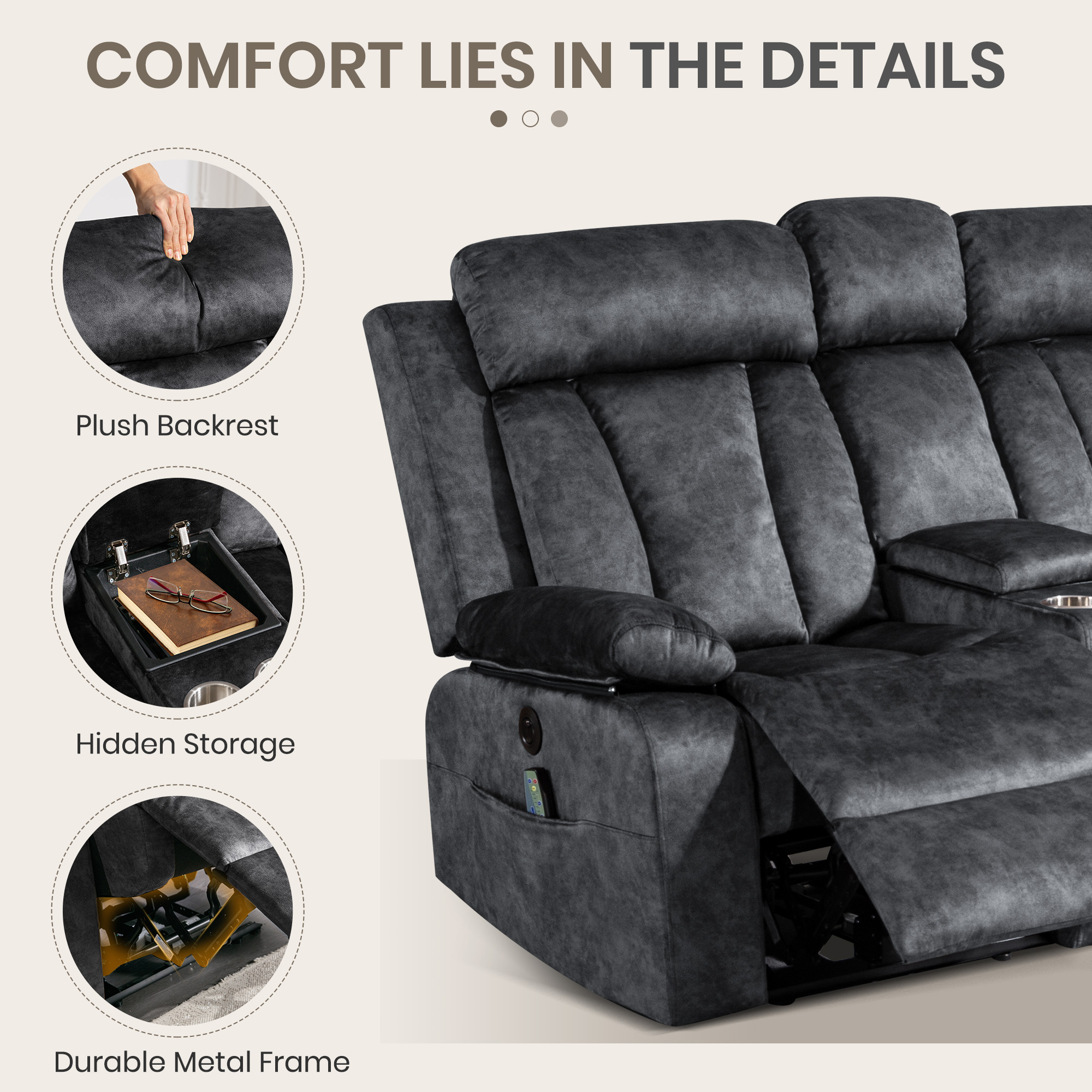 Reclining Loveseat-Power Reclining Loveseat with Console,Double Recliner Loveseat with Heat and Massage,Electric Loveseat Recliner with Cup Holders,USB & Type-C Charge Ports for Living Room,RV