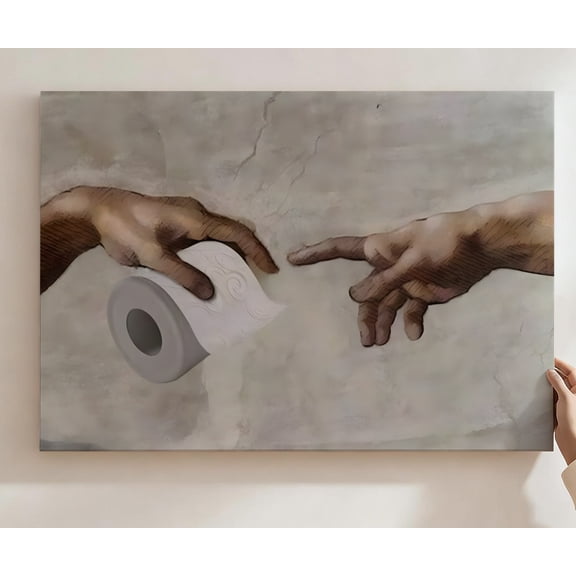 The Creation Of Adam Toilet Paper Humor Canvas Wall Art, Funny Bathroom Decor, Classic Art Parody Artwork For Bathroom, Powder Room, Guest Restroom, Ready To Hang 8*12inch(20*30cm)