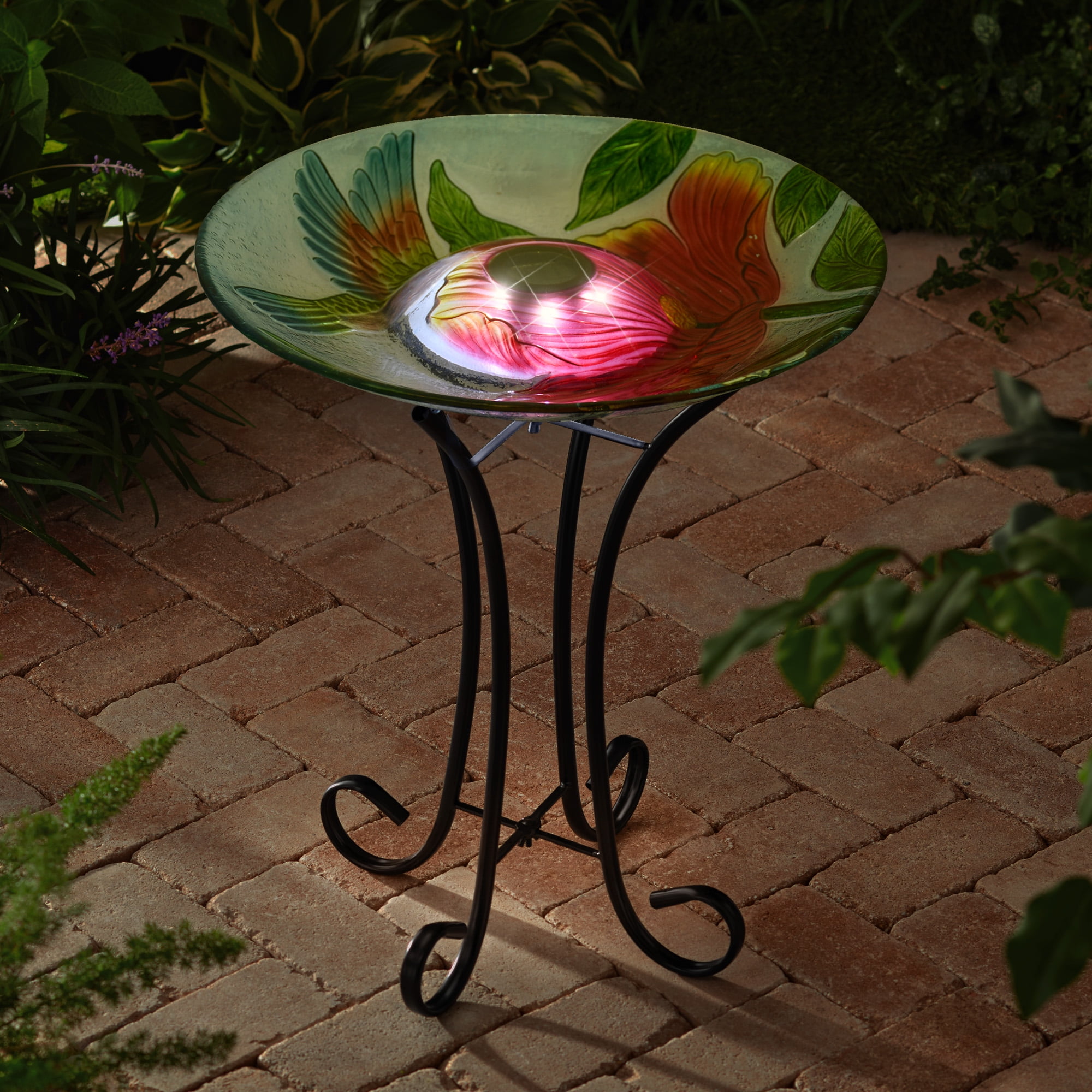 Hi-Line Gift Ltd 78415-N Solar LED Floral Glass Bird Bath with Stand - Hummingbird & Large Poppy