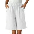 thumbnail image 2 of Bermuda Shorts for Women Knee Length Elastic Waist Wide Straight Leg Loose Fit Cotton Linen Shorts with Pockets, 2 of 7