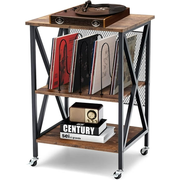 Tangkula Record Player Stand, 3 Tier Rolling Turntable Stand w/3 Dividers for Albums, Rustic Vinyl Record Holder for Living Room, Steel Frame & Lockable Wheels, Vintage End Table (Brown)