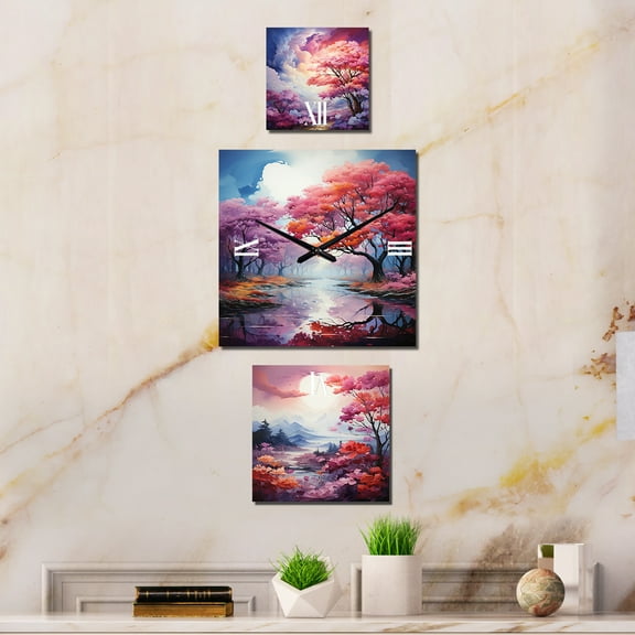 Designart "Enchanted Grove Illumination" Rainbow Extra large Clock For Office Décor - Large Traditional Wall Clock - Oversized Pink Wall Clock - Set Of 3