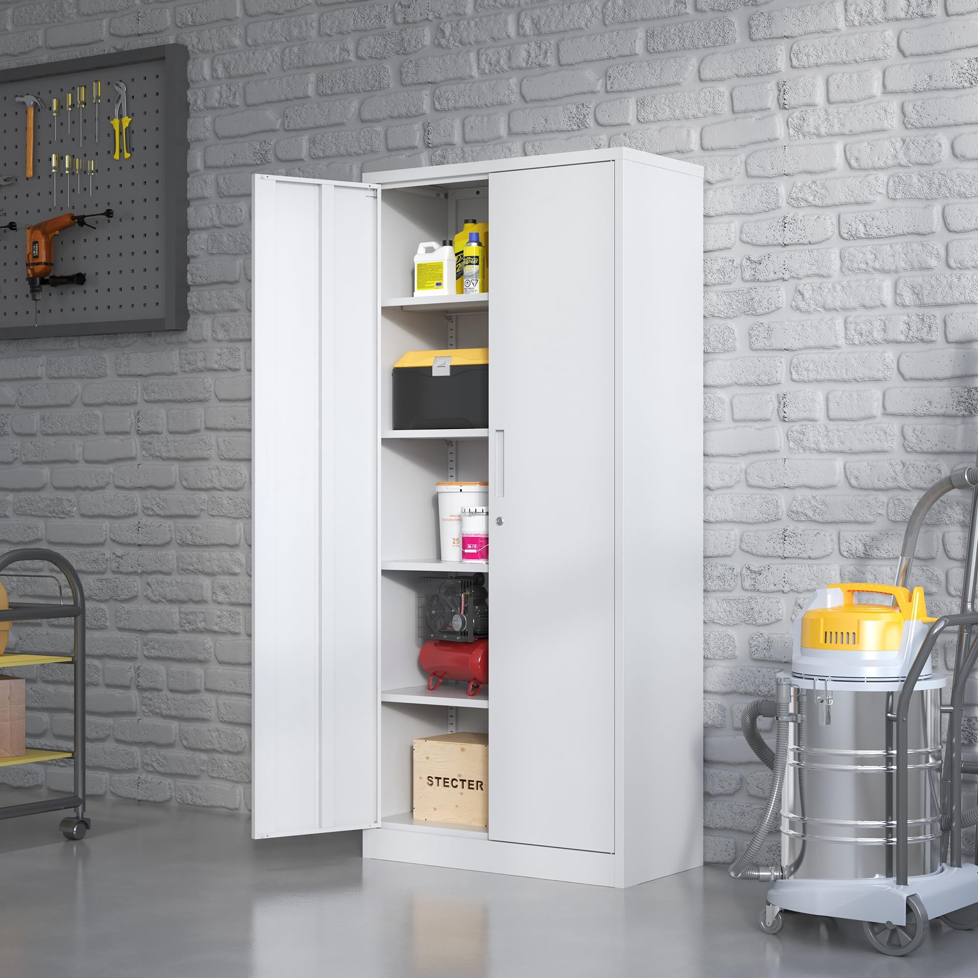 IKIMI 71" Metal Storage Cabinet with 4 Adjustable Shelves and Lock, Heavy Duty Steel Garage Tool Cabinet for Office, Home, Kitchen, White(H71"*W32"*D16")