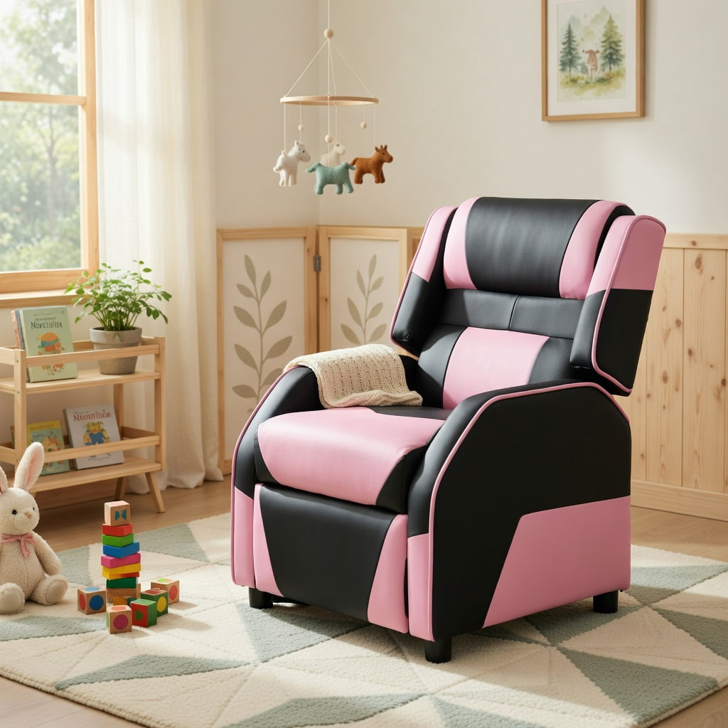 Barara King Kids PU Leather Recliner Chair with Headrest and Footrest, Kids Gaming Sofa Recliner Chair for Living Room, Bedroom, Pink
