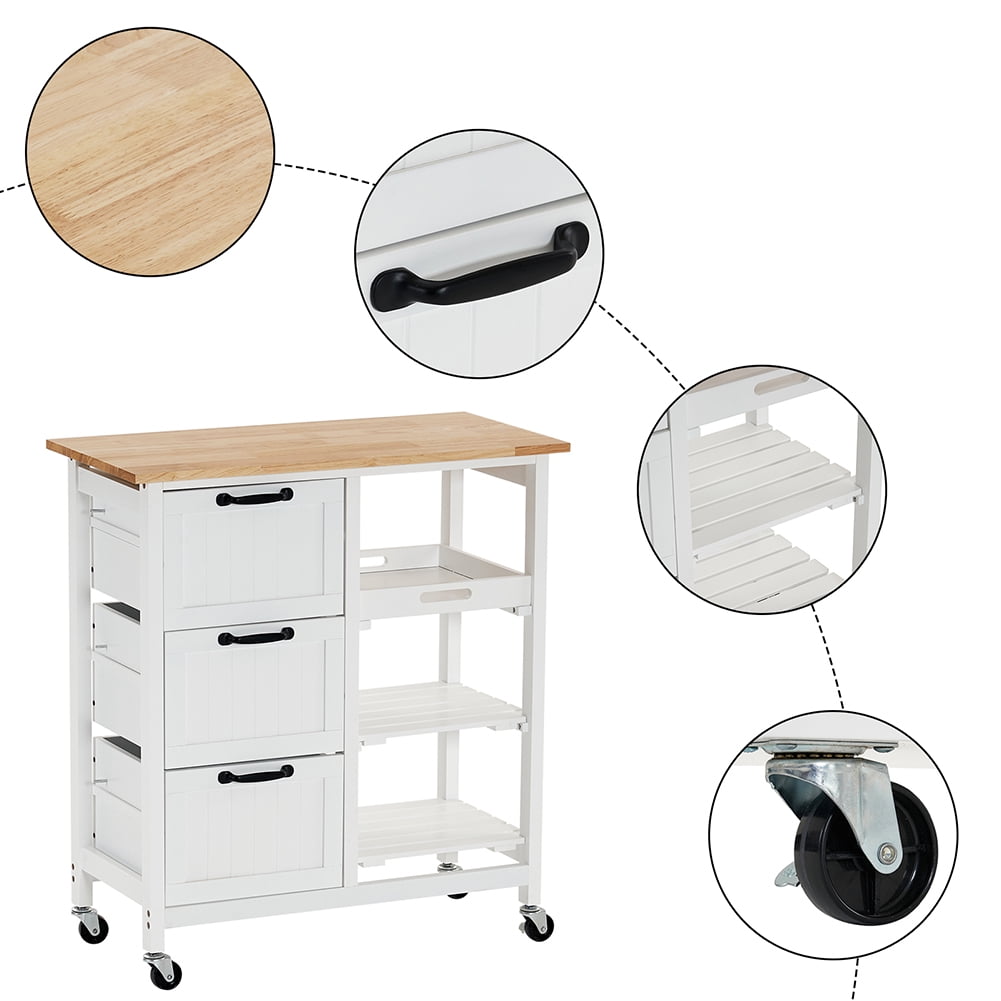 Kadyn Kitchen Island Cart, Moveable Kitchen Cart with Three Drawers and Three Layers Black Handle, Rolling Bar Cart for Home, White Kadyn Kitchen Island Cart, Moveable Kitchen Cart with Three Drawers and Three Layers Black Handle, Rolling Bar Cart for Home, White
