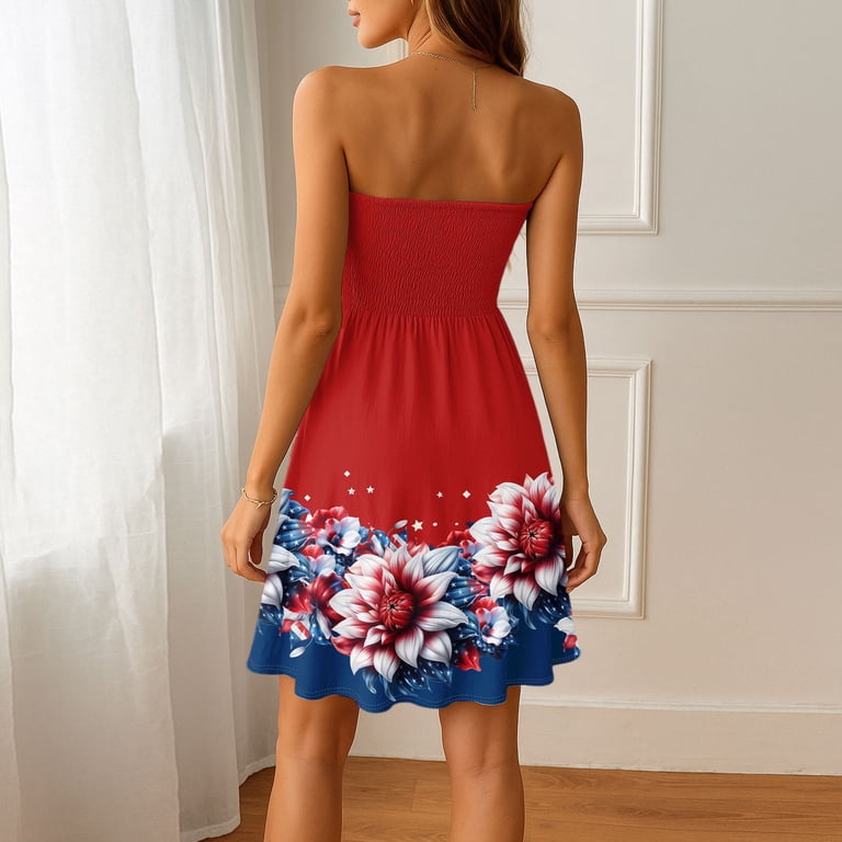 4th of July Sundresses for Women 2025 Casual Sexy Mini Dress Ruffle Hem  Swing Sleeveless Square Neck Short Mini Dress Wine S - Walmart.com