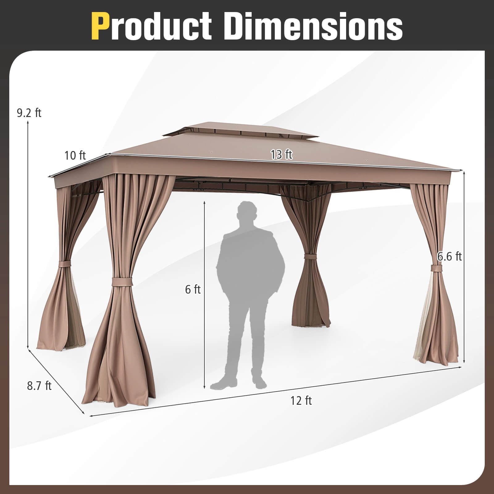 Costway 10 X 13 FT Patio Gazebo, Outdoor Double-Roof Canopy Tent with Mesh Netting Coffee