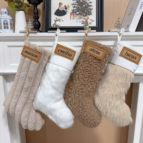 4Pcs Plush Faux Fur Personalized Christmas Stockings,Deluxe DIY Neutral Colors Christmas Stockings Hanging Ornaments Candy Gift Bags for Xmas Fireplace Holiday Decorations