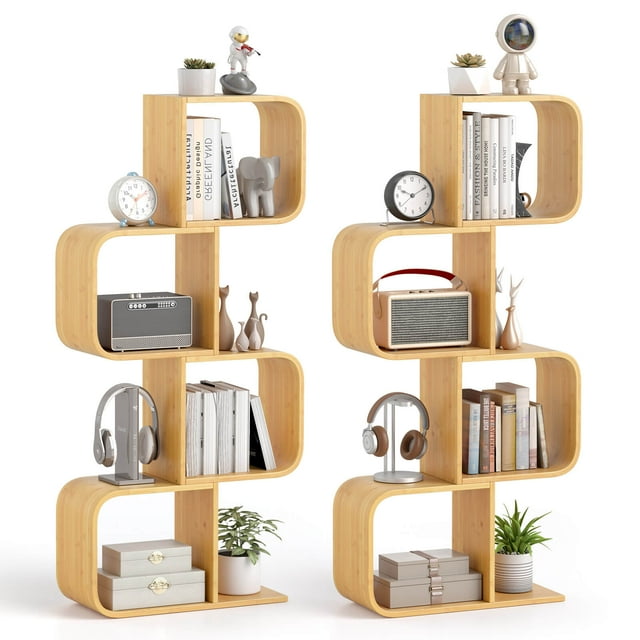Costway 2 PCS 4-Tier S-Shaped Bookcase with 4 Open Cubes Geometric Corner Display Shelf