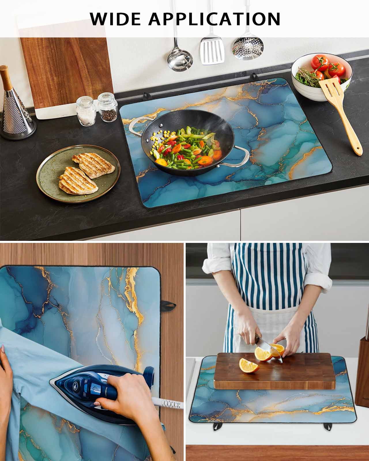 nqOlkjepod Large Induction Cooktop Protector Mat 24"x21", Turquoise Blue Marble Stove Top Covers for Electric Stove, Modern Teal Gold Geometric Stove Burner Cover Mats, Glass Top Stove Cover