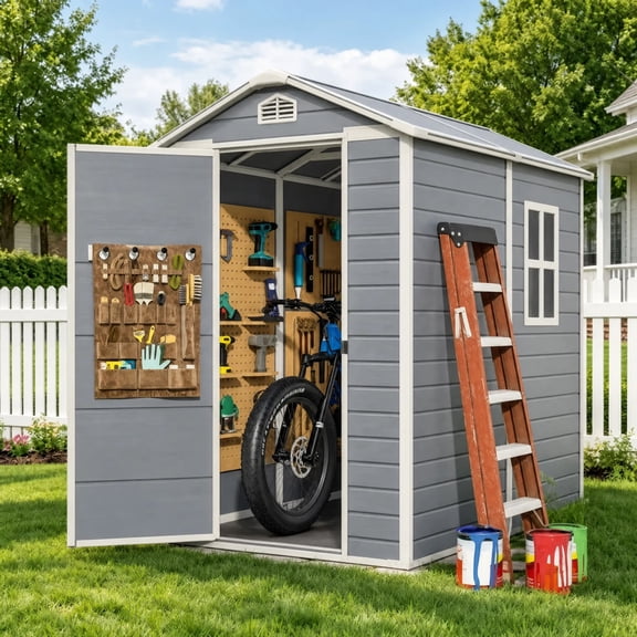 Asofer 6x4 ft Outdoor Resin Storage Shed with Floor & Lockable Doors - Heavy Duty Plastic Garden Shed for Backyard|Patio|Lawn Tool Organization - Grey