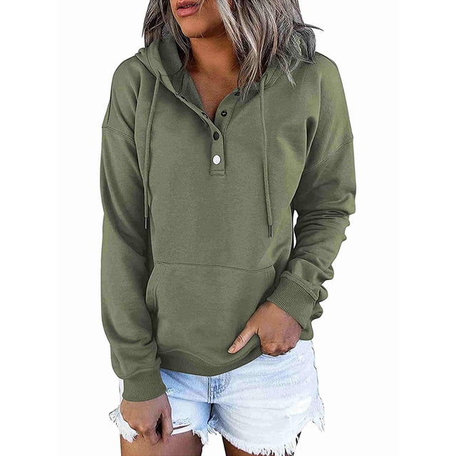 Sweat à Capuche d'Hiver pour Femmes, Boutonné, Manches Longues, Chaud, Col en V, Vert Foncé, S
