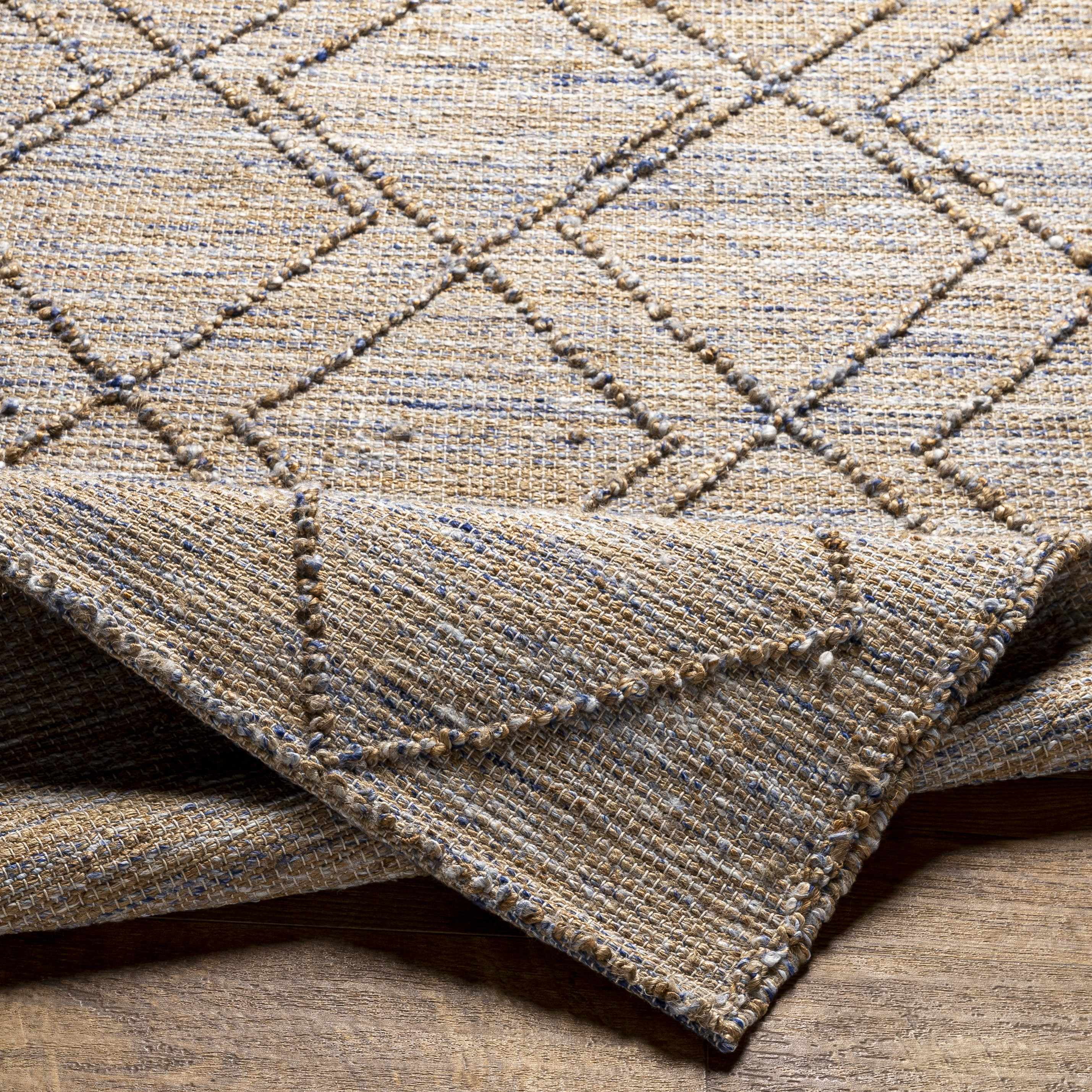 Hauteloom Schonbrunn Jute Living Room, Bedroom Area Rug - Geometric Diamond Lattice Trellis - Bohemian Transitional Boho Tribal Modern - Tan, Navy, Pale Blue, Beige, Brown - 2' x 3'