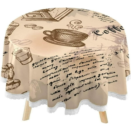 SKYSONIC Vintage Coffee Round Tablecloth 60inch with Lace Indoor Wrinkle Free, Cafe Retro Circular Table Cover Washable Farmhouse Tabletop for Kitchen Dining Decor