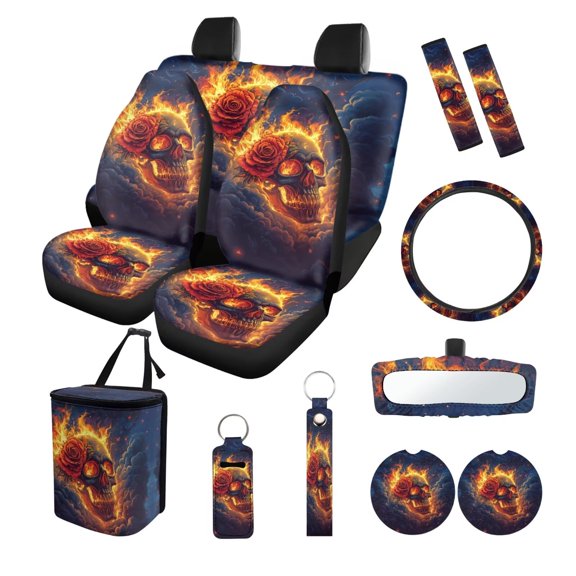 LedBack 13 Pack Automotive Seat Covers & Accessories Full Set Fire Skull Rose Print Car Front Rear Seat Covers Steering Wheel Cover Safety Belt Pads Rearview Mirror Cover Cup Coasters