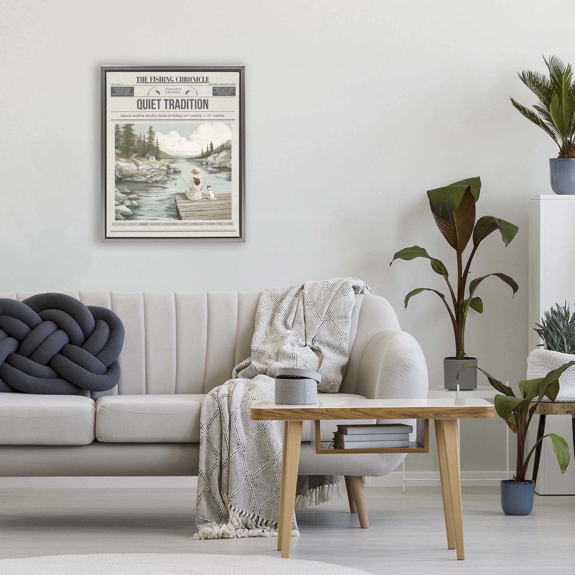 Stupell Industries Fishing Chronicle Magazine Gray Framed Floater Canvas Wall Art, design by A Barefoot Stylist
