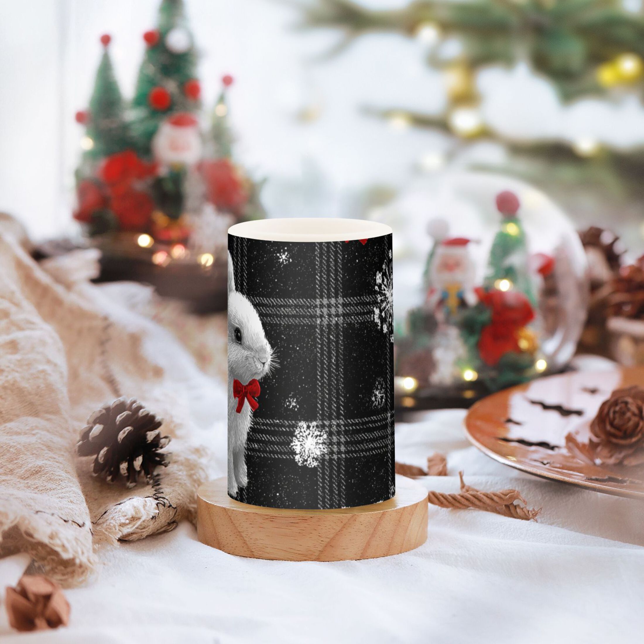 Black Gingham Plaids Rabbits with Bows Christmas Flickering Flameless Candles LED Tealight Battery Operated with Remote Set of 2 Holiday Decor Ornaments