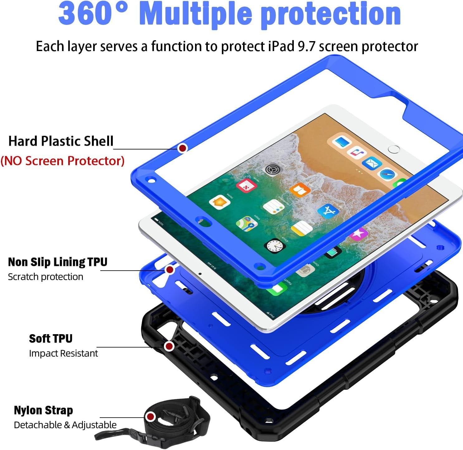 SUPNICE iPad 6th/5th Generation Case, iPad Air 2 Case, iPad 9.7 Case 2018/2017,iPad 9.7 Pro Case,Shockproof [360 Rotating Stand][Hand Strap][Pencil Holder] Case, Deep Blue