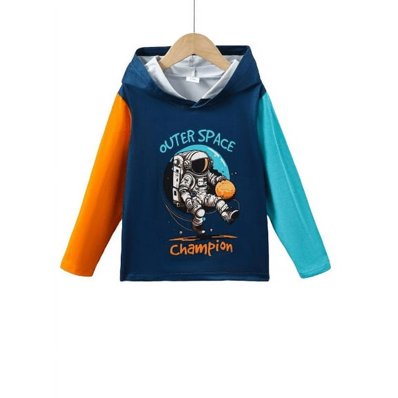 Mikrdoo 4T Kid Toddler Boys Tops Astronaut Ptint Casual Color Block Pullover Long Sleeve Hoodies Sweatshirt For Fall Winter 4-5 Years Blue