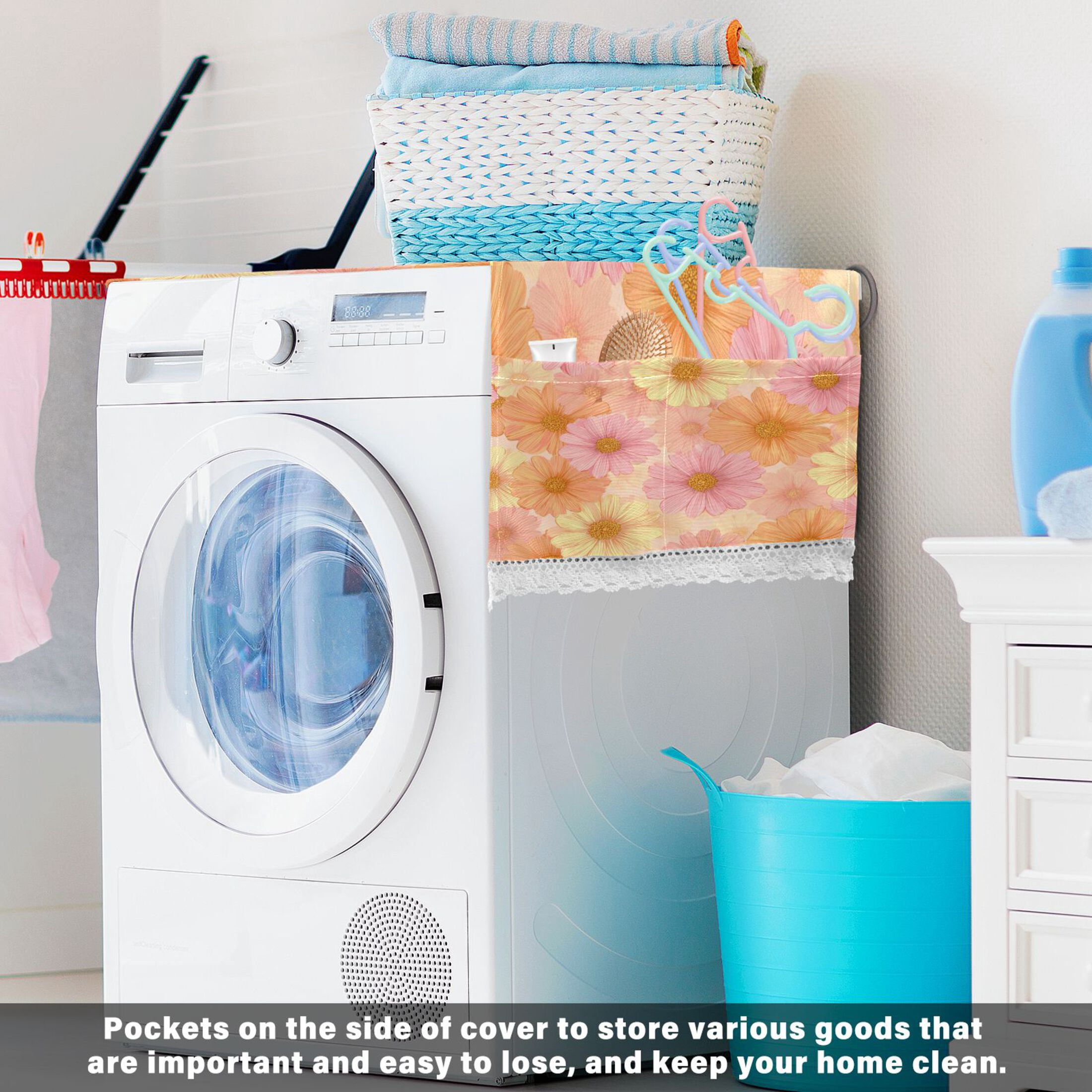 Wobogo Pink Daisies Washing Machine Cover Dustproof Washer Dryer Cover Waterproof Laundry Room Decorative Protector
