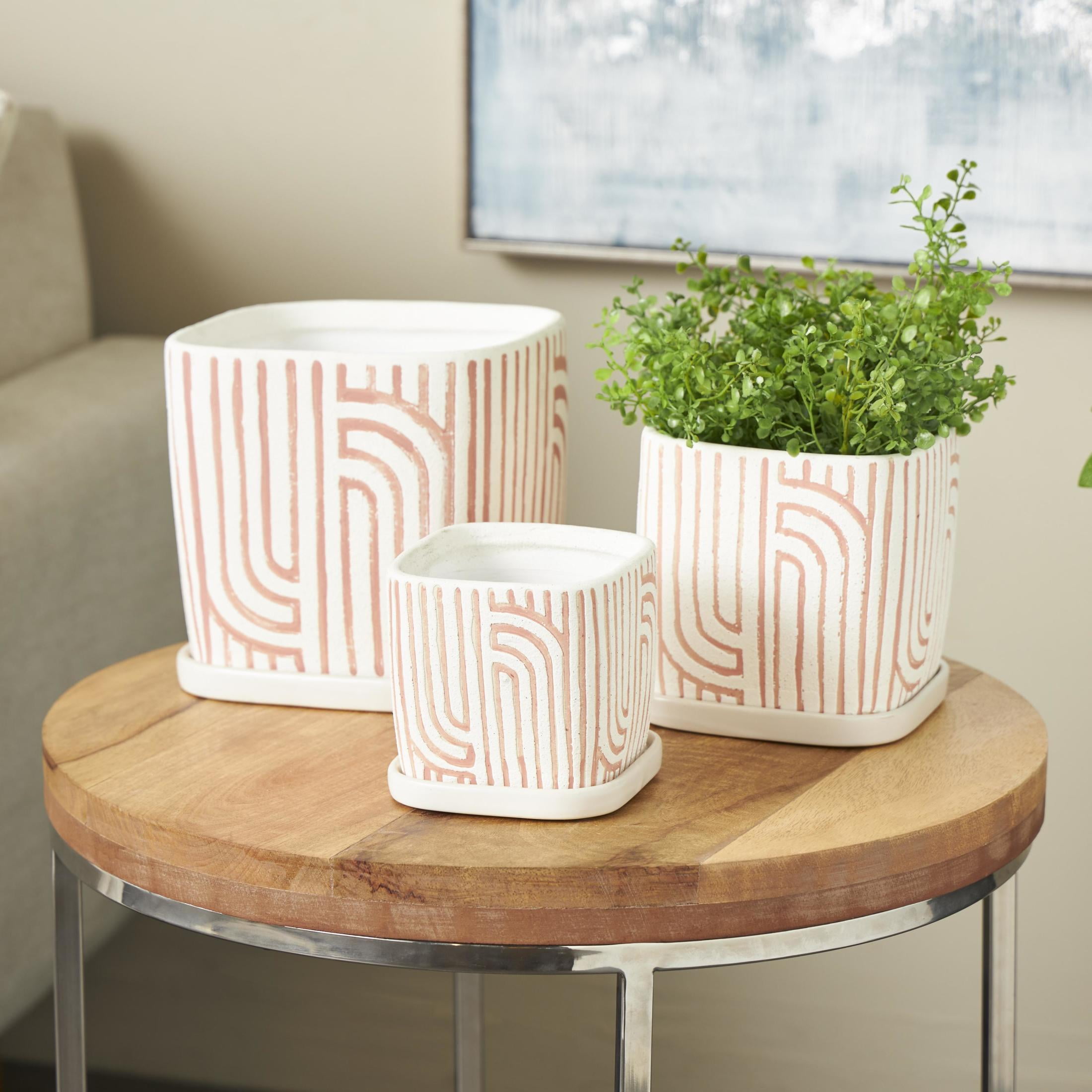 DecMode 7", 6", 5"H Arched Patterned Pink Ceramic Geometric Planter with Attached Saucer (3 Count)