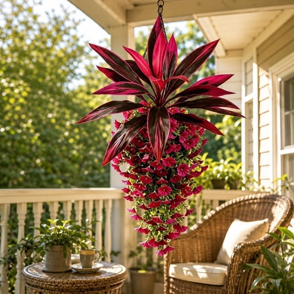 Dongrere Artificial Hanging Trailing Vine Plant, Faux Red Dracaena & Petunia Basket Greenery for Porch Balcony Indoor Window Decor, 31.5 Inch