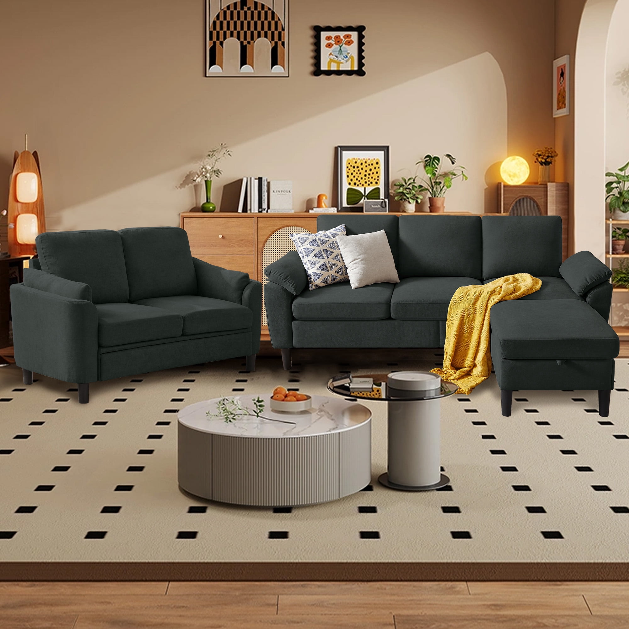 Pingliang Home Sectional Sofa Couch with Storage Ottoman and Loveseat,Modern 5 Seater Sofa Couch Set,L Shaped Couch with Footstool for Living Room Apartment Studio Office,Black