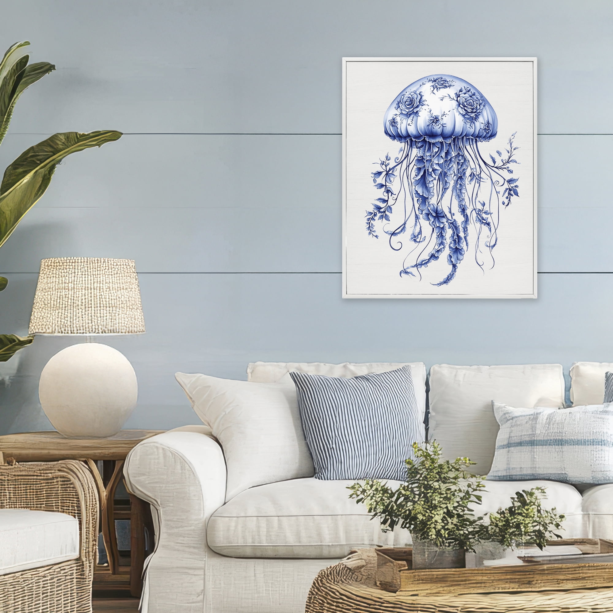 Funky Toile Jellyfish White Framed Giclee Art, design by Lettered and Lined