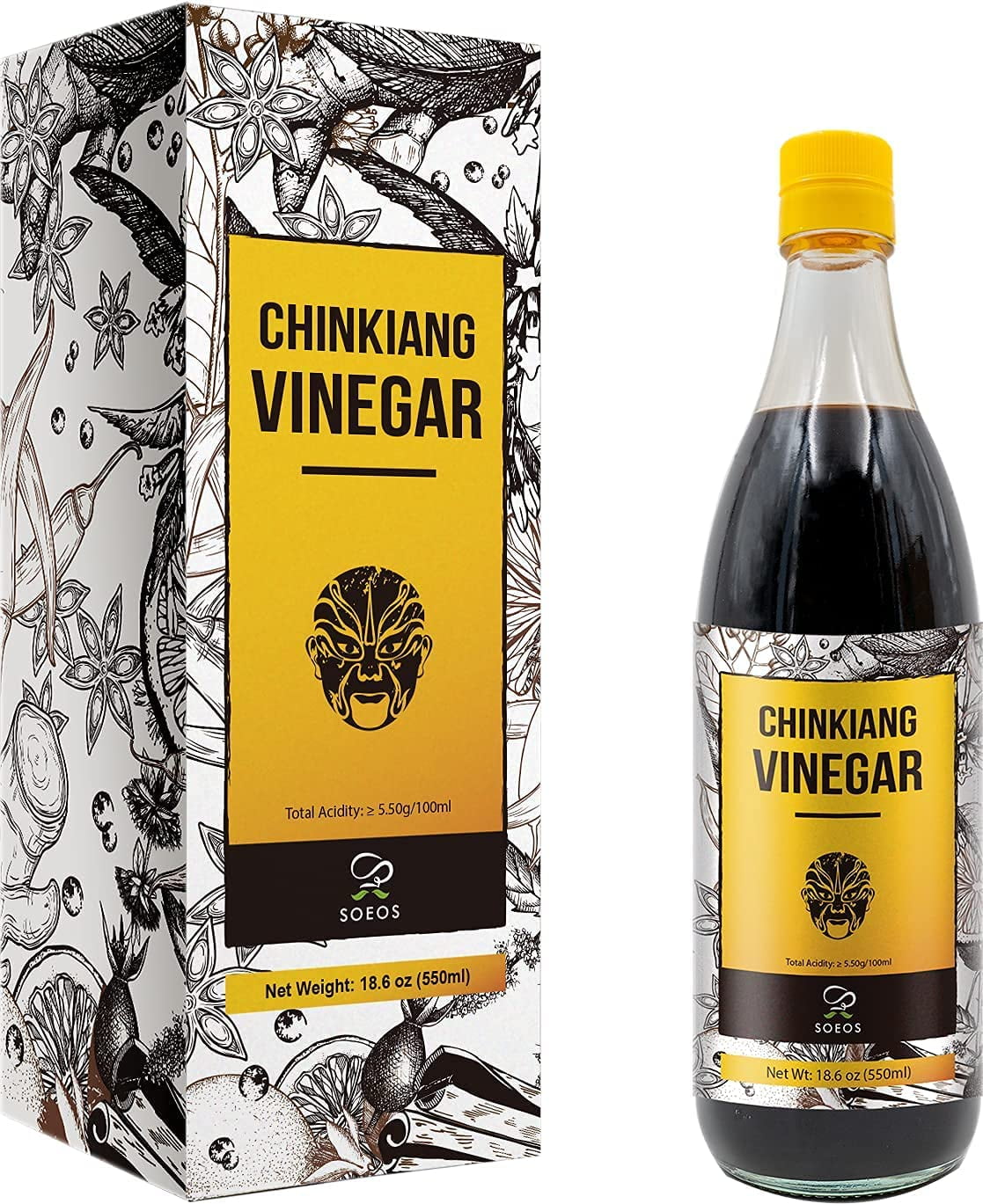Soeos Chinkiang Vinegar 18.6 fl oz, Chinese Black Vinegar, Condiment for Cooking Noodles, Braised Meat, Cold Appetizers
