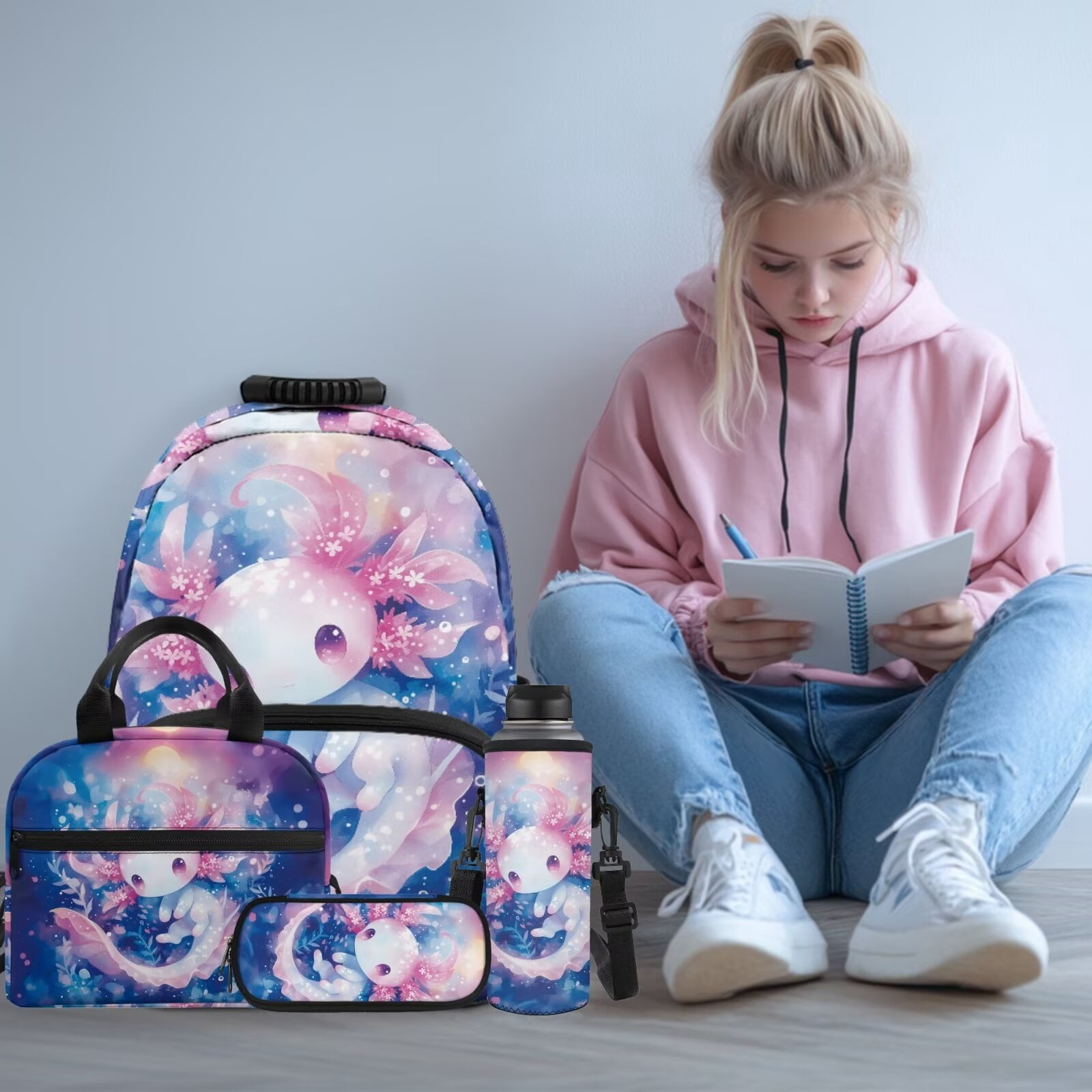 XYZCANDO Axolotl 4 Piece School Backpack Set with Lunch Bag Pen Bag Water Bottle Carrier with Compartments Cute Florals Bookbags Gift for Girls Boys