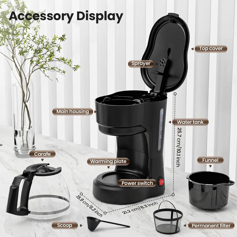 Auseo 5-Cup Fast Brew  Drip Coffee Maker Quick Heat, Anti-Drip & Detachable Funnel & Filter, 700W Beginner-Friendly Espresso Machine with Glass Carafe