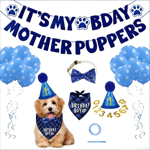 Dog Birthday Party Supplies Set, Puppy Birthday Decorations with Balloons, Banner, Bandana, Party Hat, Bow Tie, Dog Birthday Outfit for Small Medium Dogs Pet Birthday Celebration