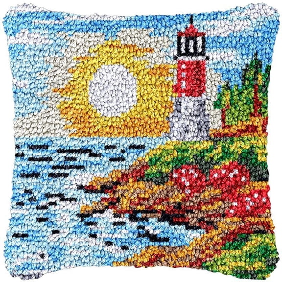 Seaside Lighthouse Latch Hook Pillow Cover Kits for DIY Needlework Cushion Handmade Throw Pillow Cross Stitch Latch Hook Pillowcase Rug Cushion Kits Crochet Yarn Kits Needlework 17'' X 17''