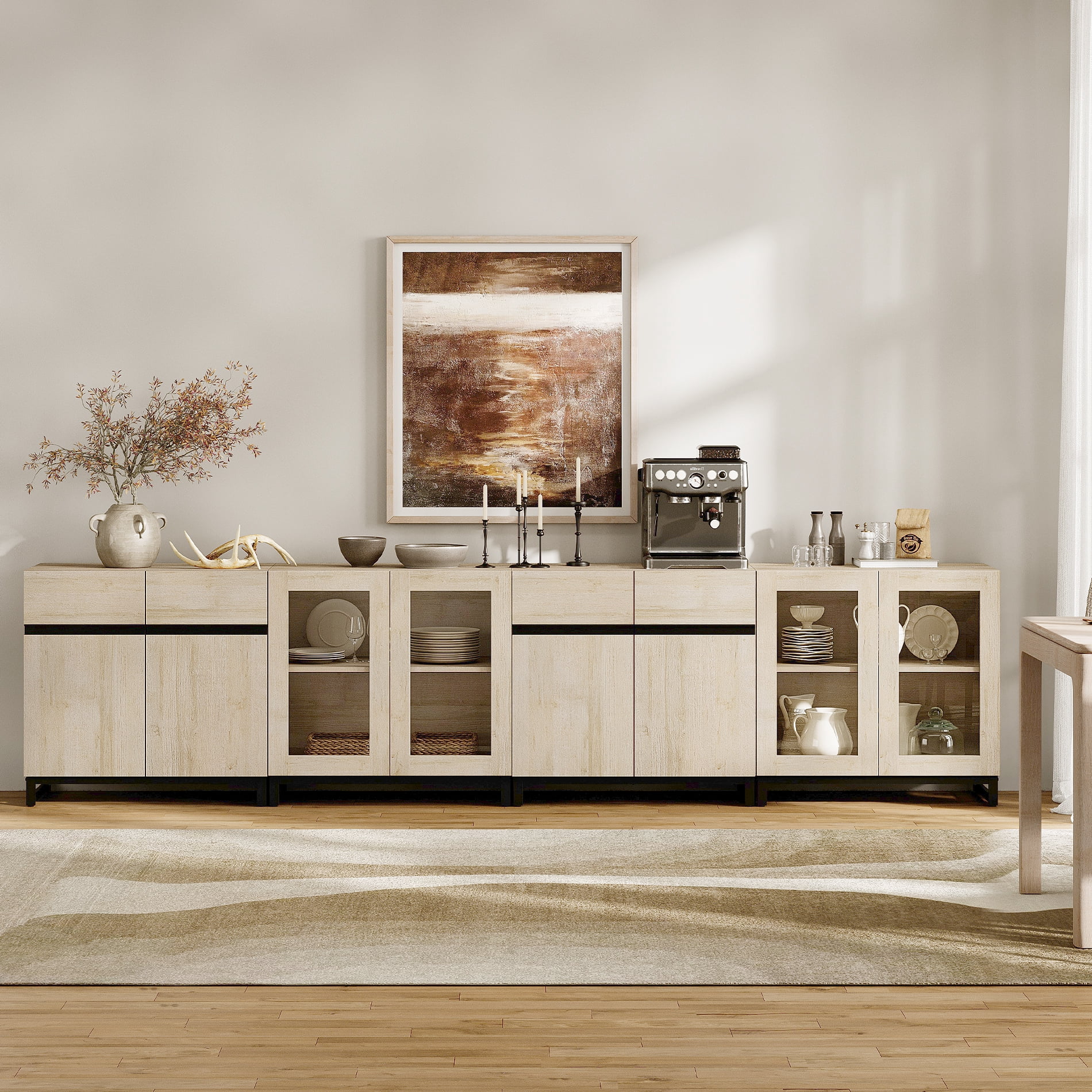 Modern Sideboard With Adjustable Shelves, 4 In 1 Storage Cabinet With Glass Doors, Coffee Bar Cabinet For Living Room, Kitchen,Dinning Room,Beige