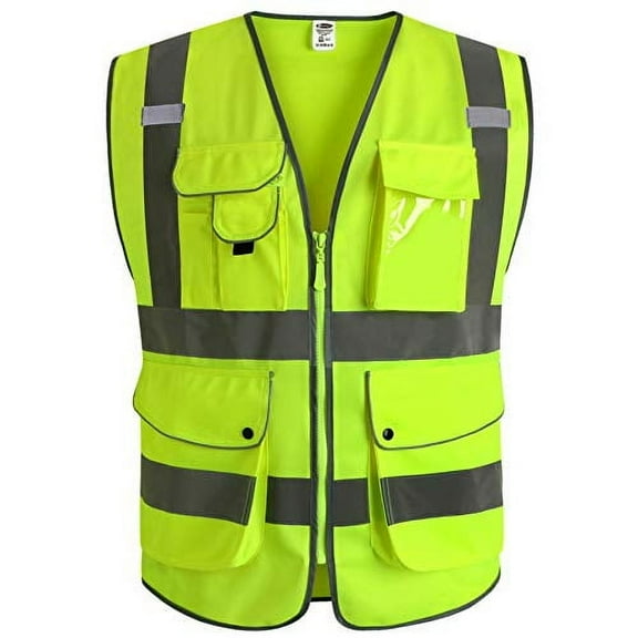 JKSafety 9 Pockets Class 2 High Visibility Zipper Front Safety Vest With Reflective Strips, Yellow Meets ANSI/ISEA Standards (4X-Large)