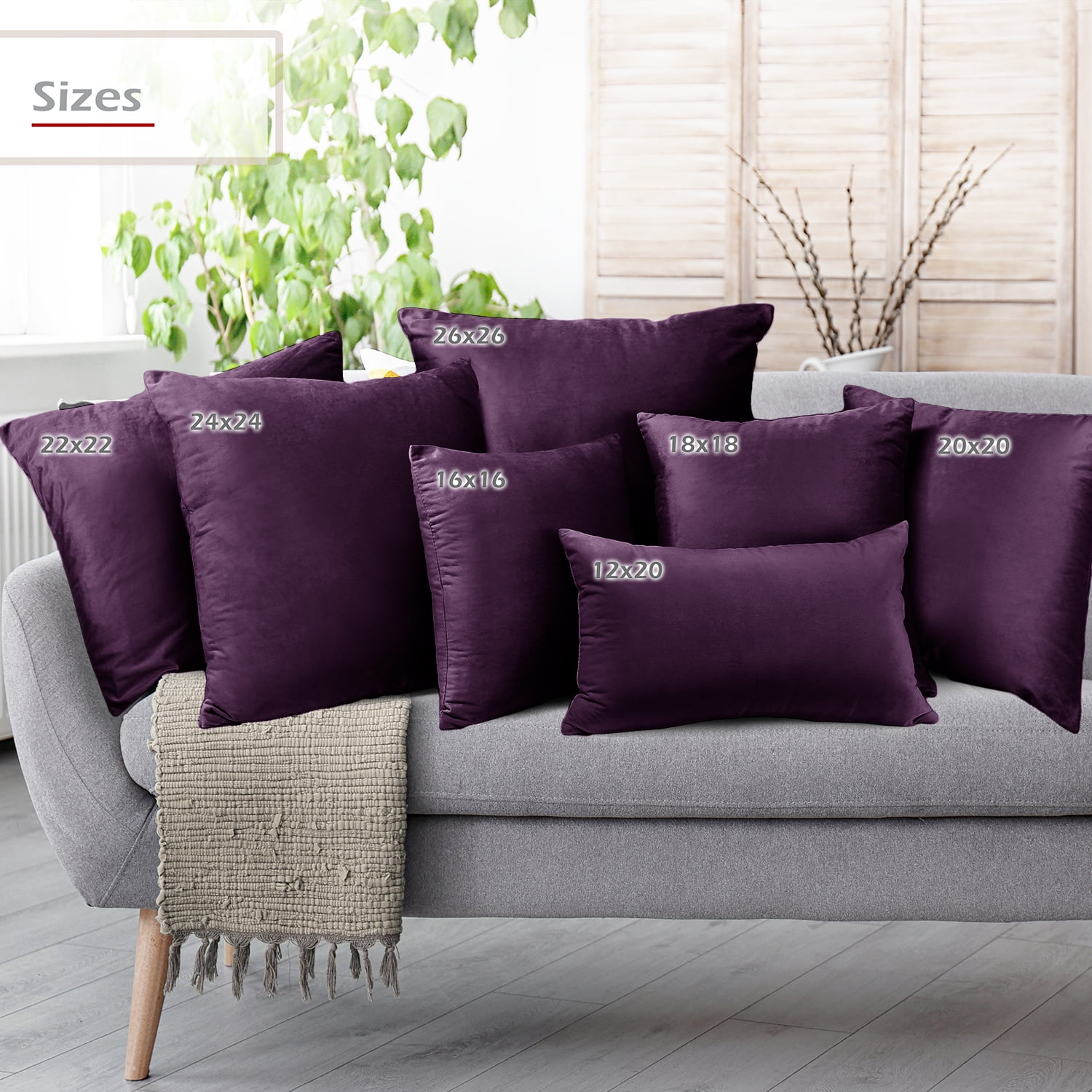 Clara Clark Plush Solid Decorative Microfiber Square Throw Pillow Cover with Throw Pillow Insert for Couch, Eggplant, 24"x24"", 4 Piece Decorative Soft Throw Pillow Set