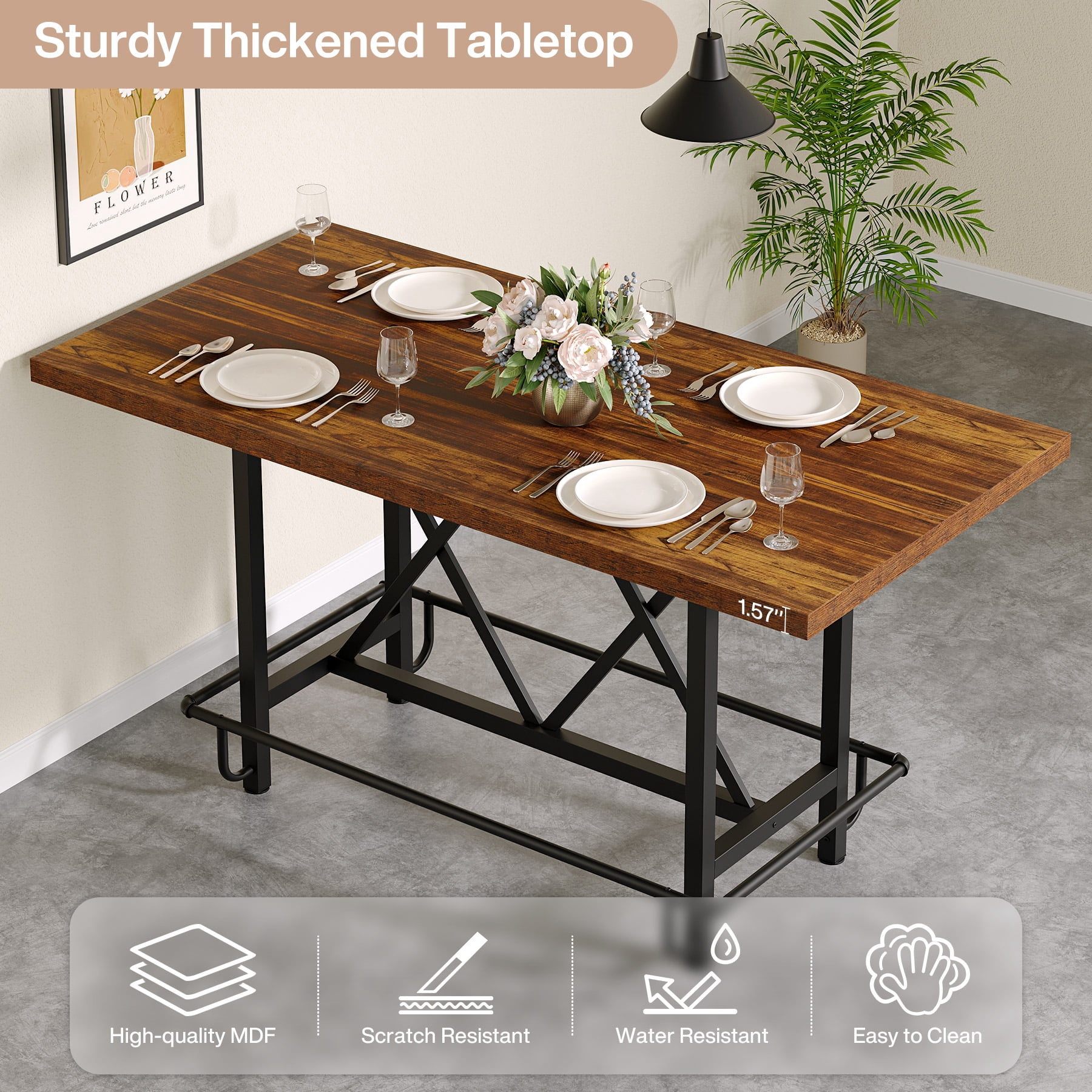 Fnova 35.4" Tall Dining Table, Rectangular Counter Height Kitchen Table with Metal Footrest for 6 People