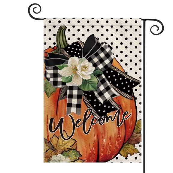 Sm:)e Orange Pumpkin Polka Dot Fall Garden Flag 12 x 18 Inch, Double Sided, Welcome Autumn Burlap Yard Outdoor Decor