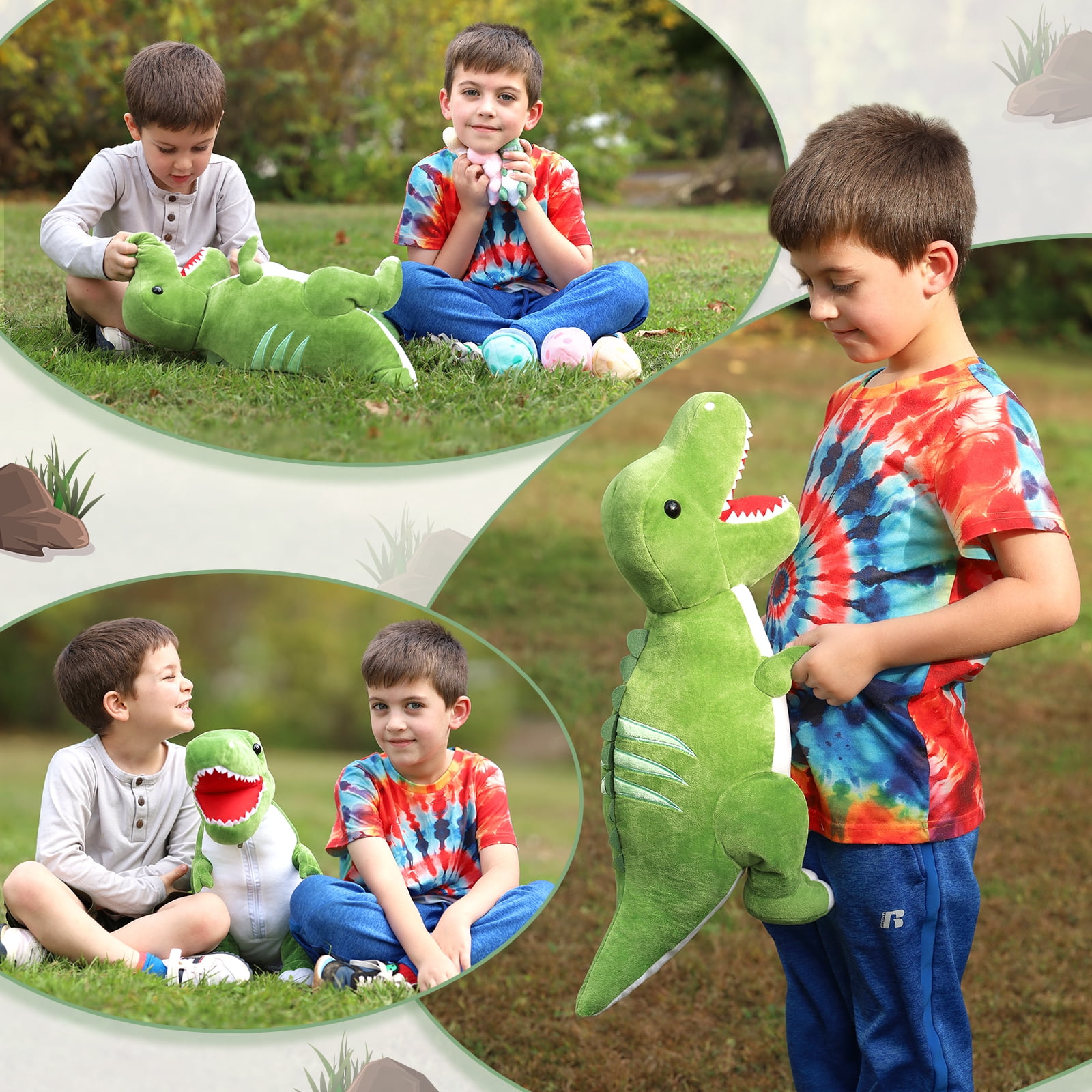 MorisMos 23.6" Green Dinosaur Stuffed Animal Mommy Dinosaur with 3 Baby Plush Toys