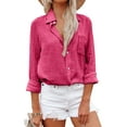 thumbnail image 2 of Jzuxvd Womens Button Down Shirts Gauze Cotton Dress Shirt Long Sleeve Oversized Solid Tunic Tops with Pockets Hot Pink 3XL, 2 of 6